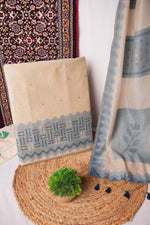 Load image into Gallery viewer, Crimson Echo Blue Muga Cotton Unstitched Suit Set