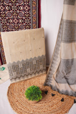 Load image into Gallery viewer, Crimson Echo Grey Muga Cotton Unstitched Suit Set