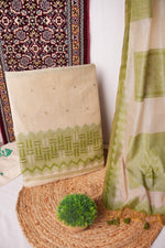 Load image into Gallery viewer, Crimson Echo Pista Green Muga Cotton Unstitched Suit Set