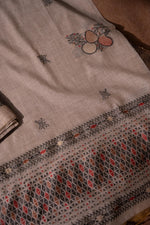 Load image into Gallery viewer, Boho Blossom Grey Muga Cotton Unstitched Suit Set