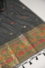 Load image into Gallery viewer, Artivra Black Muga Cotton Unstitched Suit Set