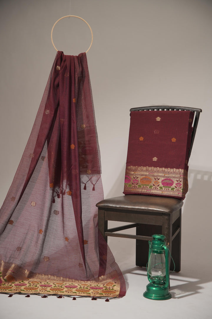 Artivra Maroon Red Muga Cotton Unstitched Suit Set