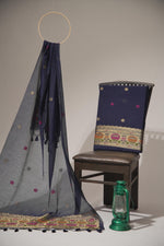 Load image into Gallery viewer, Artivra Navy Blue Muga Cotton Unstitched Suit Set