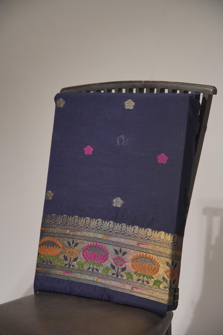 Artivra Navy Blue Muga Cotton Unstitched Suit Set