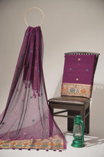 Load image into Gallery viewer, Artivra Wine Muga Cotton Unstitched Suit Set