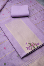 Load image into Gallery viewer, Birds of Feathers Lavender Paithani Muga Cotton Unstitched Suit Set