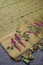 Load image into Gallery viewer, Birds of Feathers Green Paithani Muga Cotton Unstitched Suit Set