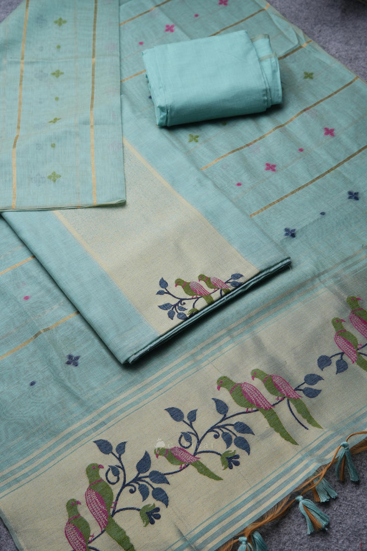 Birds of Feathers Sky Blue Paithani Muga Cotton Unstitched Suit Set