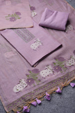 Load image into Gallery viewer, Moo & Muse Lavender Muga Cotton Unstitched Suit Set