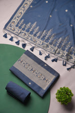 Load image into Gallery viewer, Soft Amara Slate Blue Muga Cotton Unstitched Suit Set