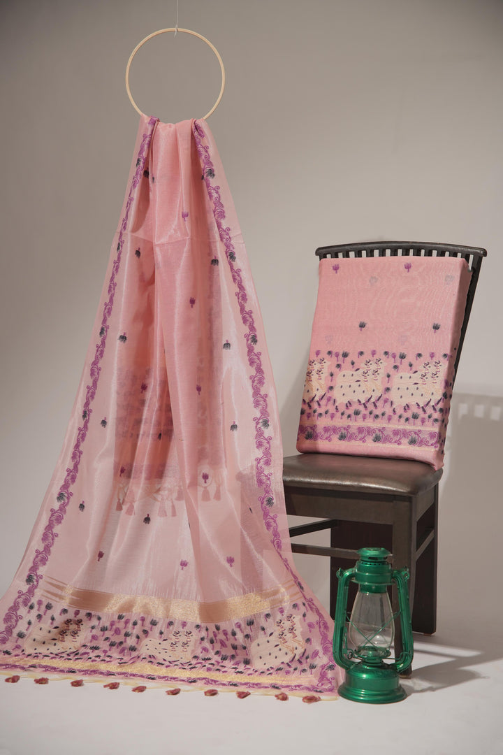 Blossom Muse Pink Shimmer Jamdani Pichwai Unstitched Suit Set