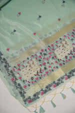 Load image into Gallery viewer, Blossom Muse Sea Green Shimmer Jamdani Pichwai Unstitched Suit Set