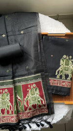 Load image into Gallery viewer, Tradzio Black Animal Weaving Print Muga Cotton Unstitched Suit Set