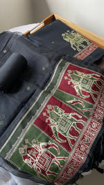 Load image into Gallery viewer, Tradzio Black Animal Weaving Print Muga Cotton Unstitched Suit Set