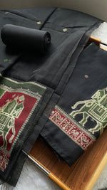 Load image into Gallery viewer, Tradzio Black Animal Weaving Print Muga Cotton Unstitched Suit Set