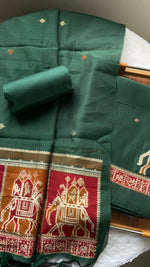 Load image into Gallery viewer, Tradzio Green Animal Weaving Print Muga Cotton Unstitched Suit Set