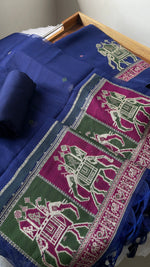 Load image into Gallery viewer, Tradzio Navy Animal Weaving Print Muga Cotton Unstitched Suit Set