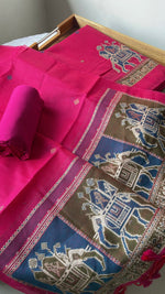 Load image into Gallery viewer, Tradzio Pink Animal Weaving Print Muga Cotton Unstitched Suit Set