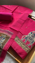 Load image into Gallery viewer, Tradzio Pink Animal Weaving Print Muga Cotton Unstitched Suit Set
