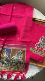 Load image into Gallery viewer, Tradzio Pink Animal Weaving Print Muga Cotton Unstitched Suit Set