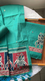 Load image into Gallery viewer, Tradzio Teal Animal Weaving Print Muga Cotton Unstitched Suit Set