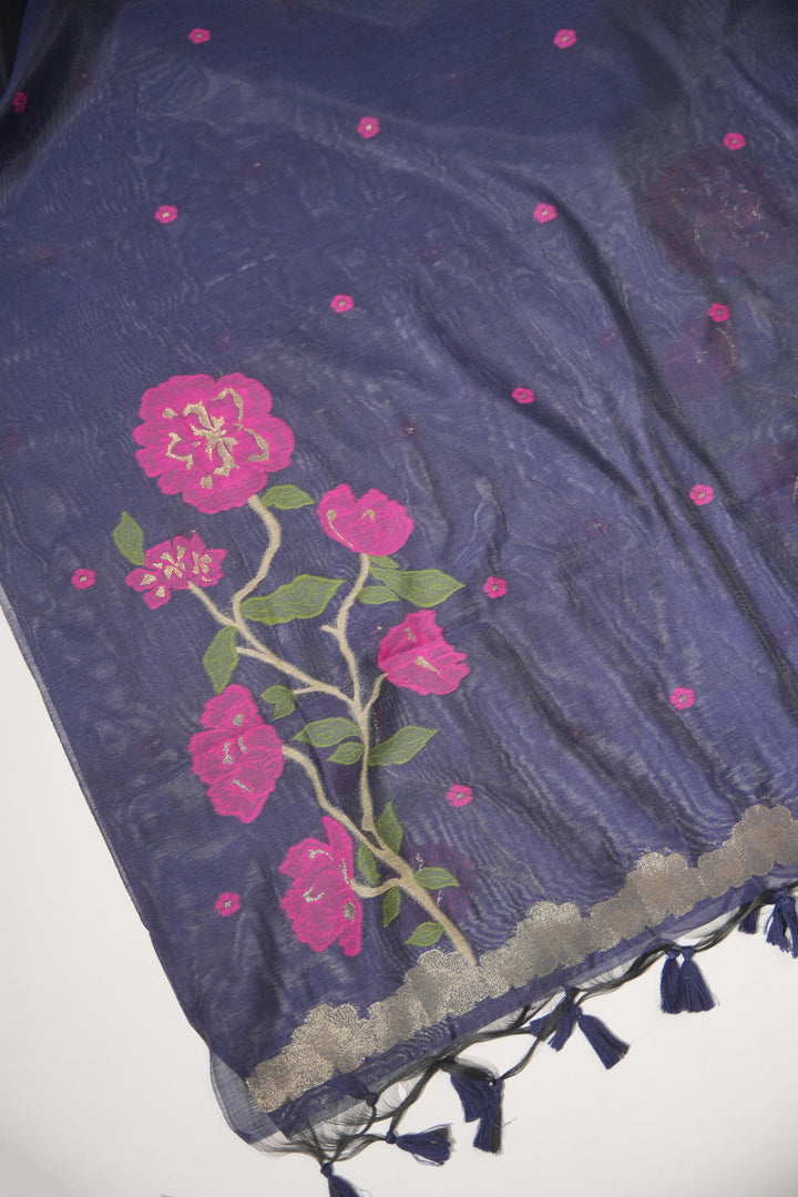 Elite Weave Navy Blue Muga Cotton Unstitched Suit Set