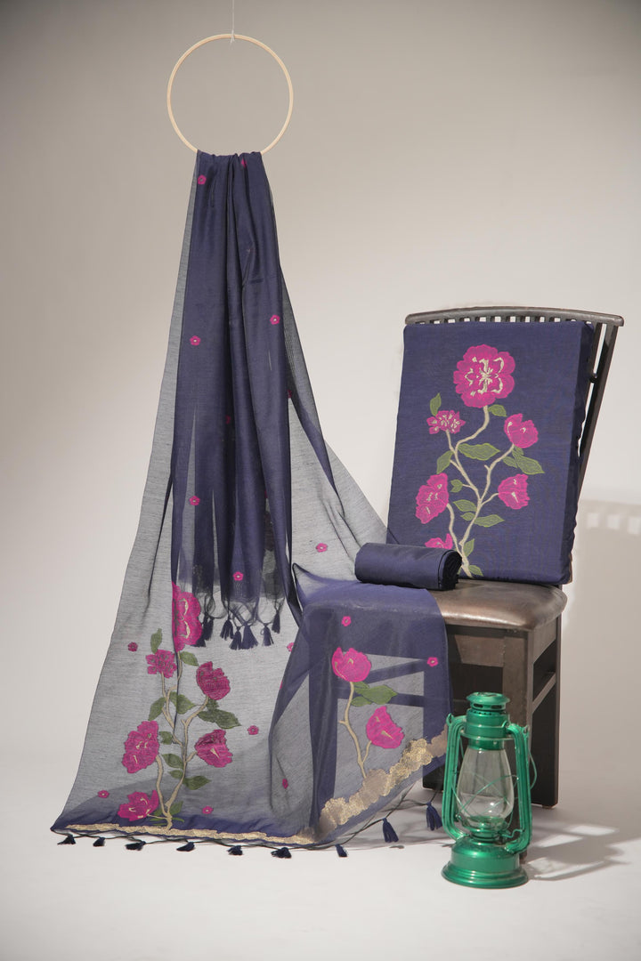 Elite Weave Navy Blue Muga Cotton Unstitched Suit Set