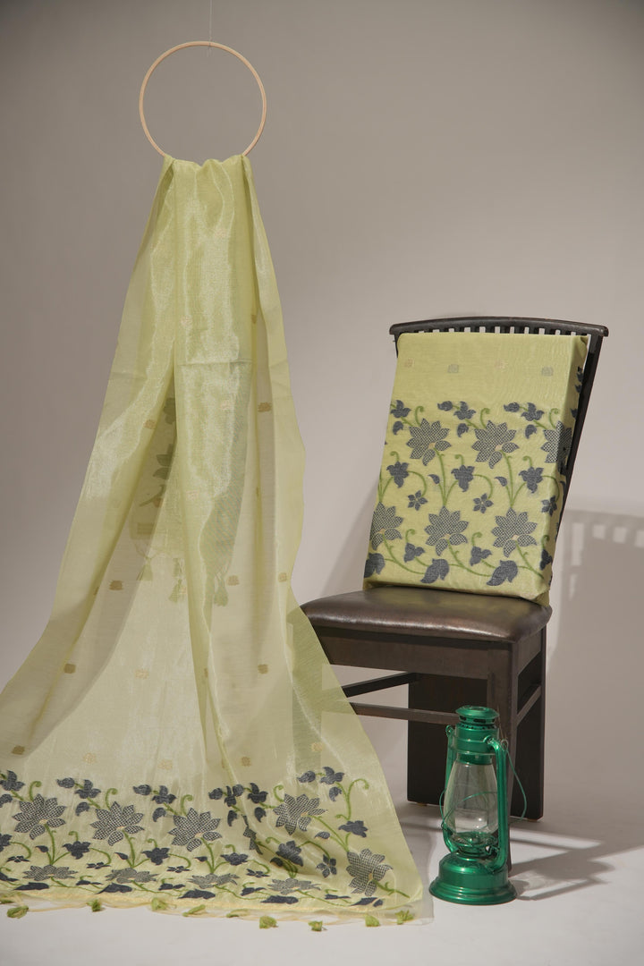 Pastel Petals Pista Green Shimmer Jamdani Unstitched Suit Set