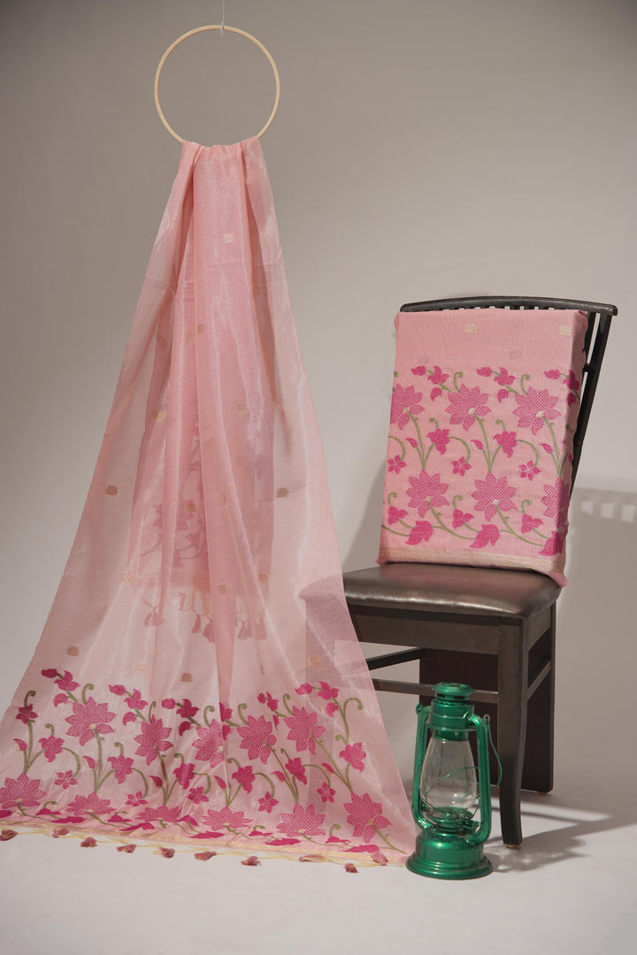 Pastel Petals Pink Shimmer Jamdani Unstitched Suit Set