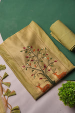 Load image into Gallery viewer, Atelier Green Muga Cotton Pichwai Handwork Unstitched Suit Set