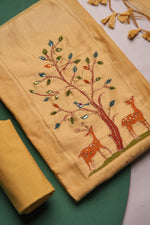 Load image into Gallery viewer, Atelier Yellow Muga Cotton Pichwai Handwork Unstitched Suit Set