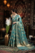 Load image into Gallery viewer, Vedika Blue Jimmi Choo Zari Woven Saree