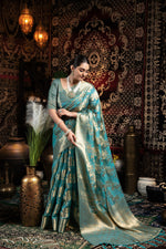 Load image into Gallery viewer, Vedika Blue Jimmi Choo Zari Woven Saree