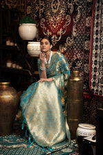 Load image into Gallery viewer, Vedika Blue Jimmi Choo Zari Woven Saree