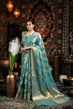 Load image into Gallery viewer, Vedika Blue Jimmi Choo Zari Woven Saree