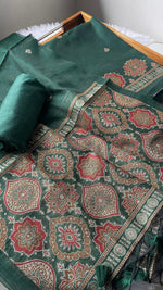 Load image into Gallery viewer, Raw & Radiant Dark Green Ajrakh Muga Cotton Unstitched Suit Set