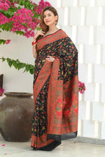 Load image into Gallery viewer, Yashodha Dramatic Black Jamewar Kashmiri Soft Modal Silk Saree