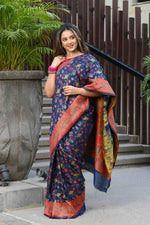 Load image into Gallery viewer, Yashodha Ink Blue Jamewar Kashmiri Soft Modal Silk Saree