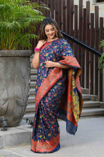 Load image into Gallery viewer, Yashodha Ink Blue Jamewar Kashmiri Soft Modal Silk Saree
