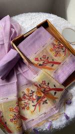 Load image into Gallery viewer, Weave & Wear Lavender Paithani Muga Cotton Unstitched Suit Set
