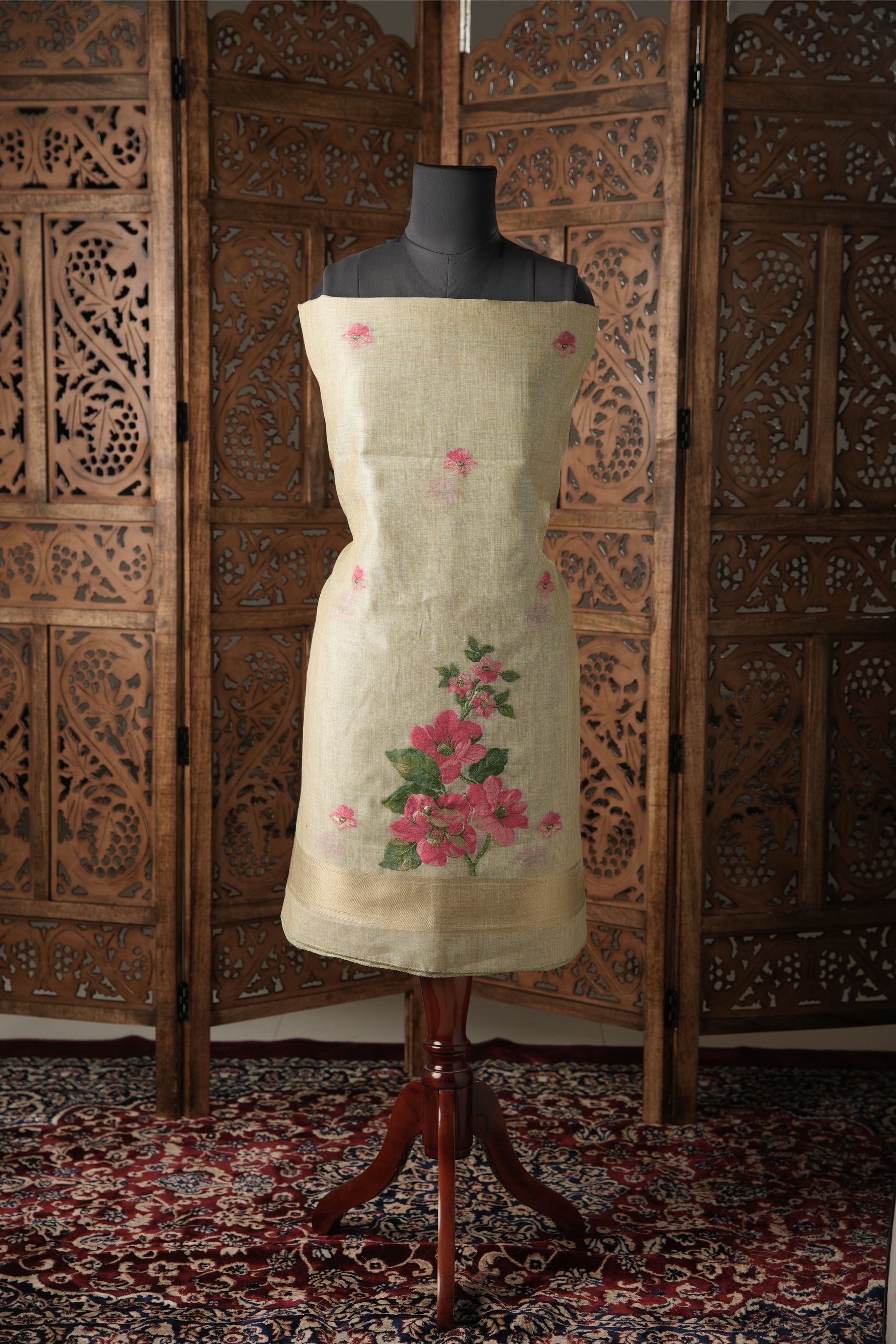 Modern Minimal Pista Green Floral Muga Cotton Unstitched Suit Set