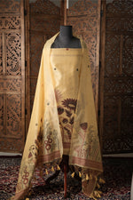 Load image into Gallery viewer, Woven Serenity Yellow Floral Muga Cotton Unstitched Suit Set
