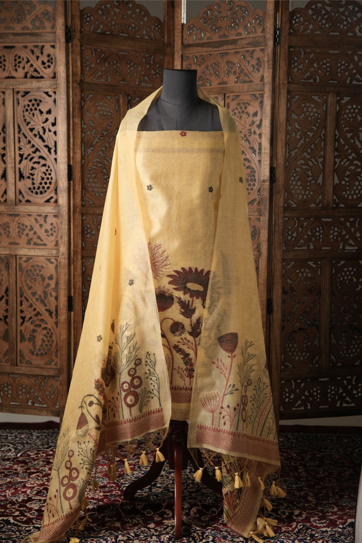 Woven Serenity Yellow Floral Muga Cotton Unstitched Suit Set