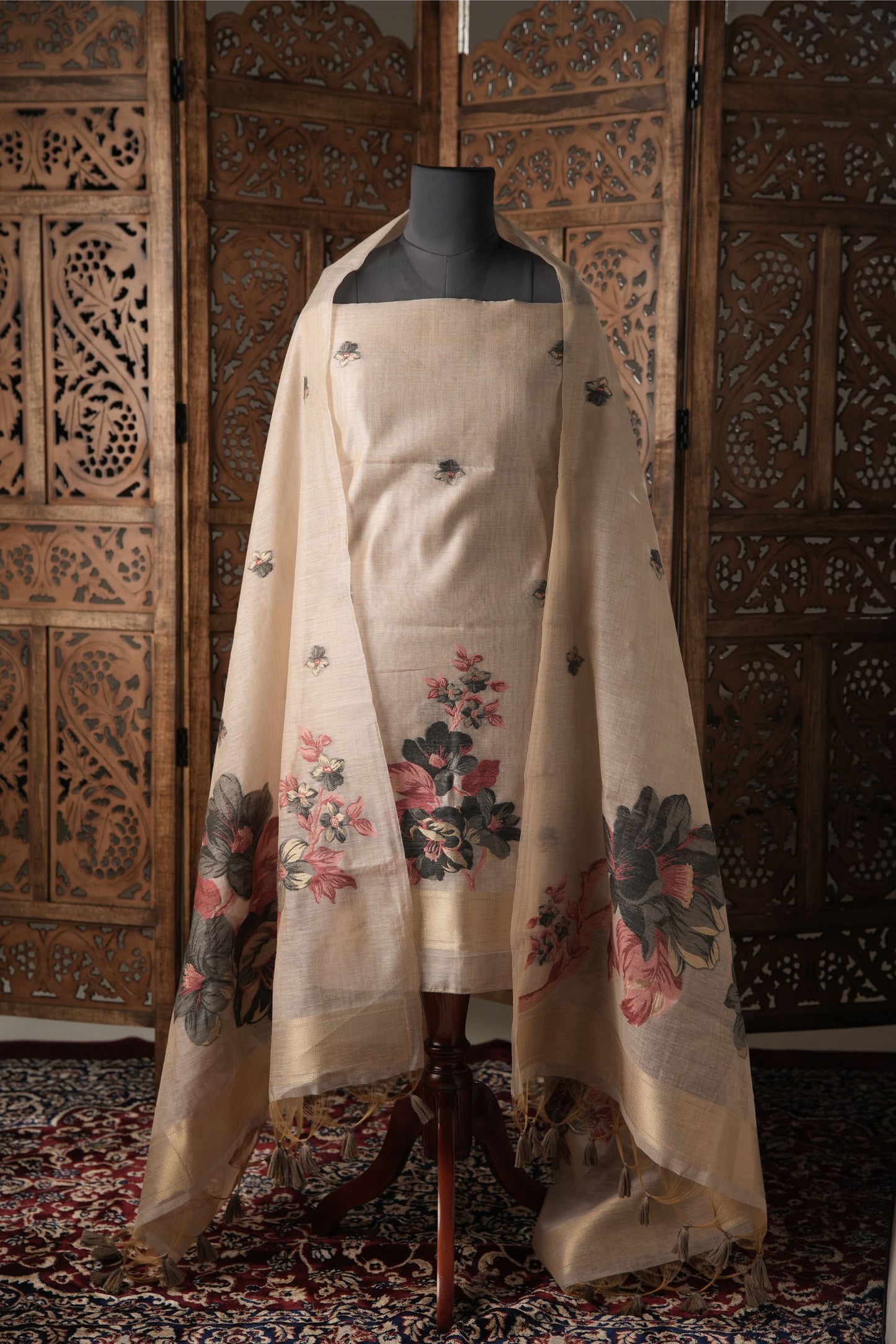 Modern Minimal Grey Floral Muga Cotton Unstitched Suit Set