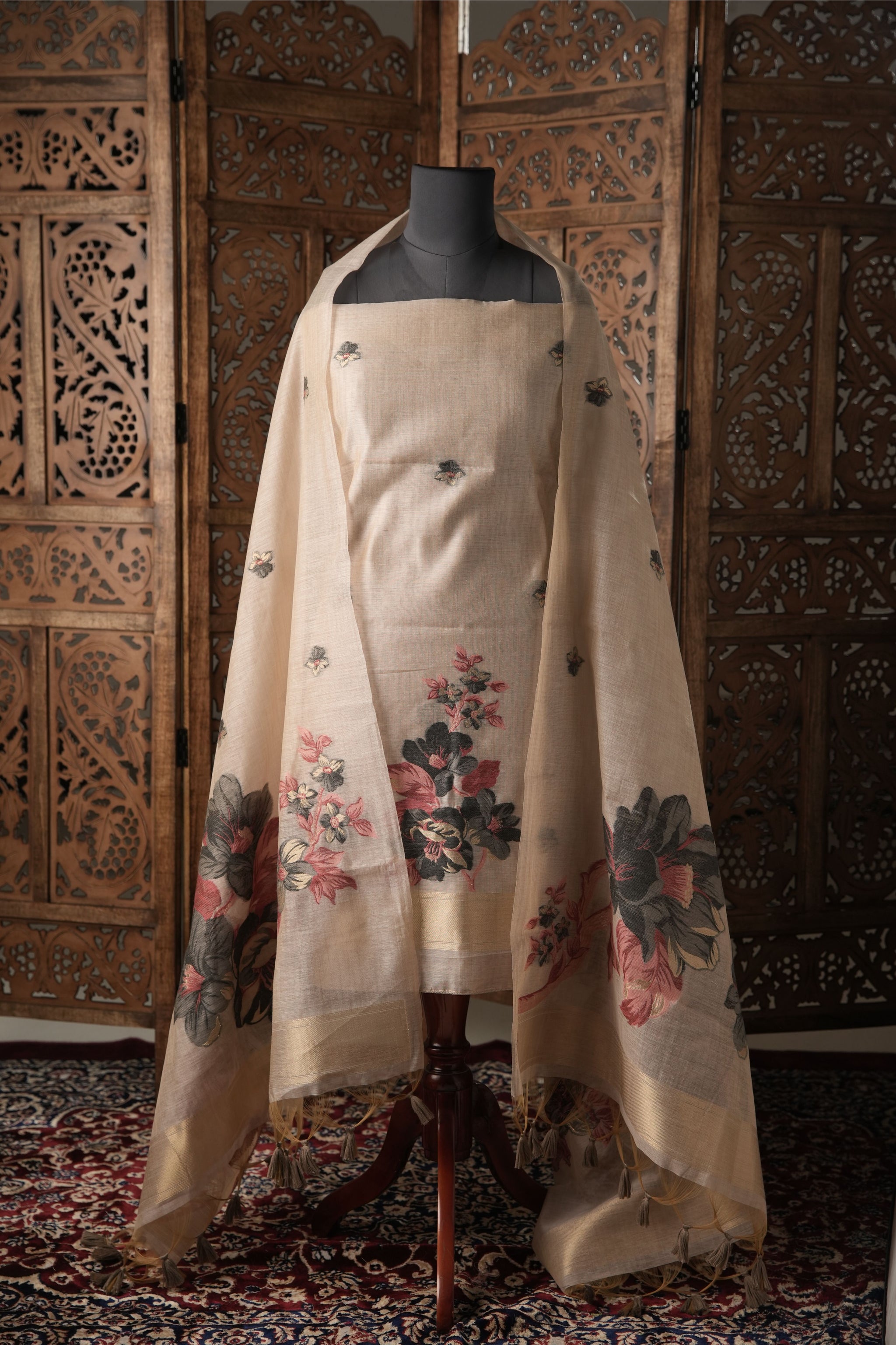 Modern Minimal Grey Floral Muga Cotton Unstitched Suit Set