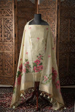 Load image into Gallery viewer, Modern Minimal Pista Green Floral Muga Cotton Unstitched Suit Set
