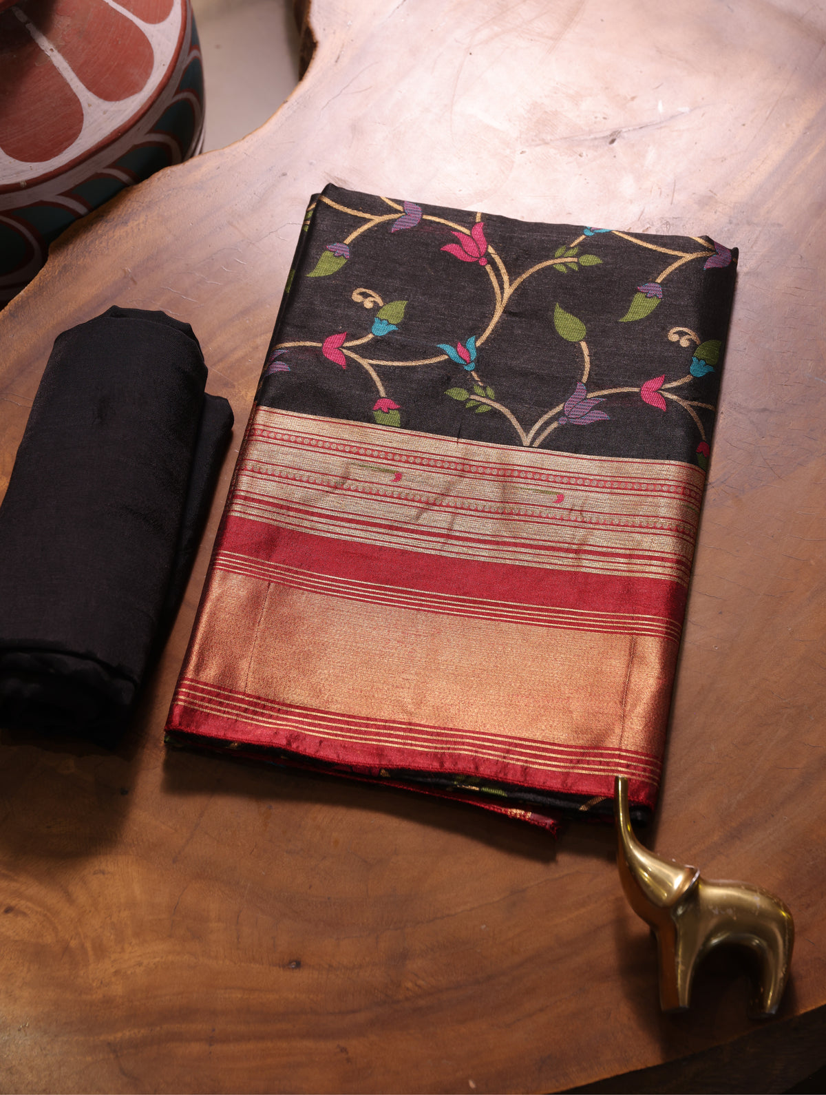 Silk Whisper Black Raw Silk Unstitched Suit Set