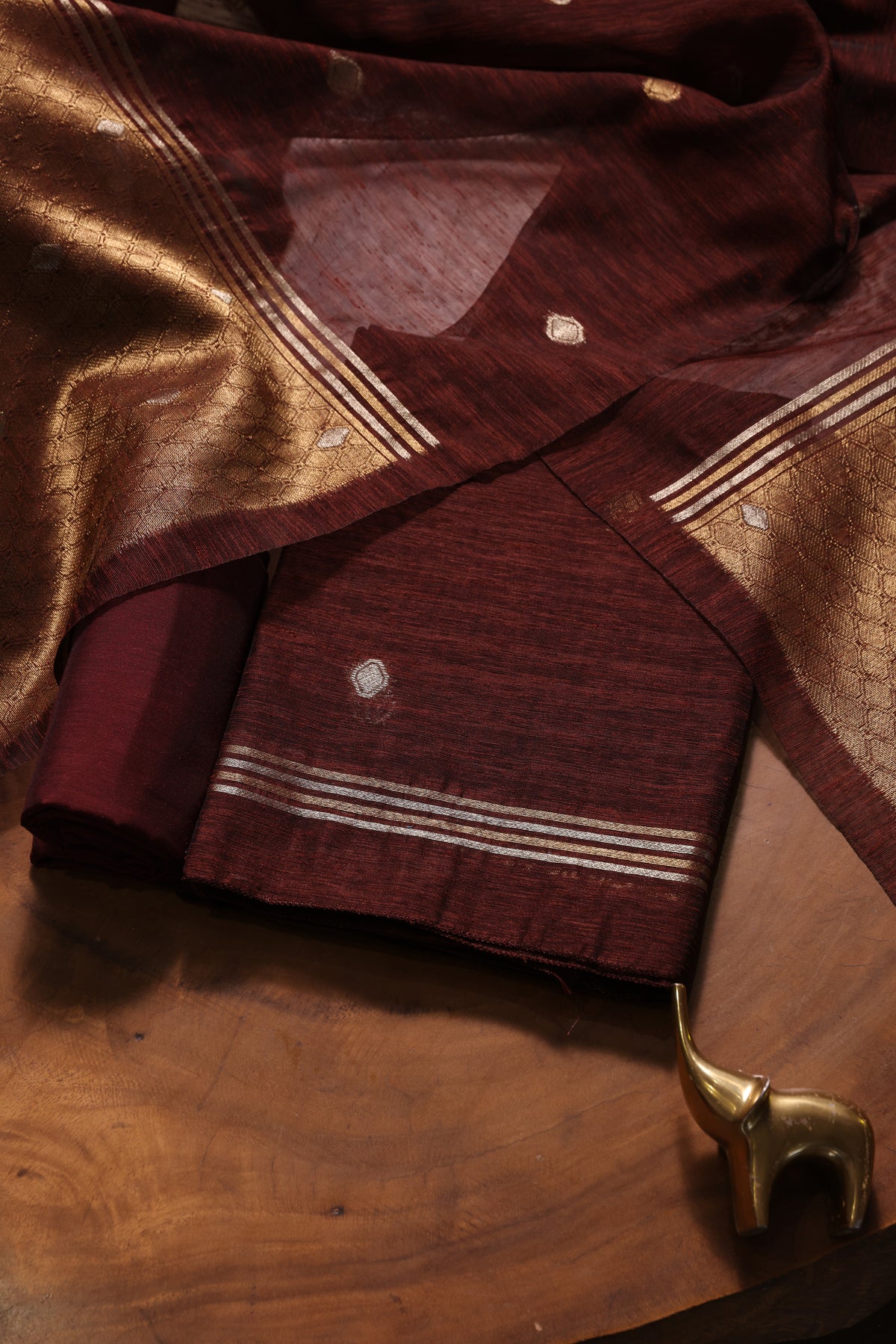 Golden Haze Brown Muga Silk Unstitched Suit Set