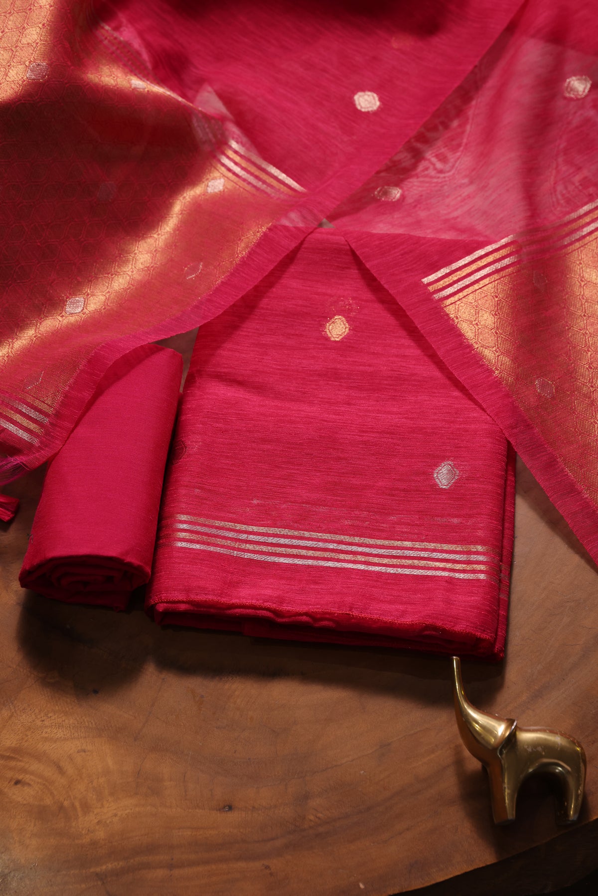 Golden Haze Pink Muga Silk Unstitched Suit Set