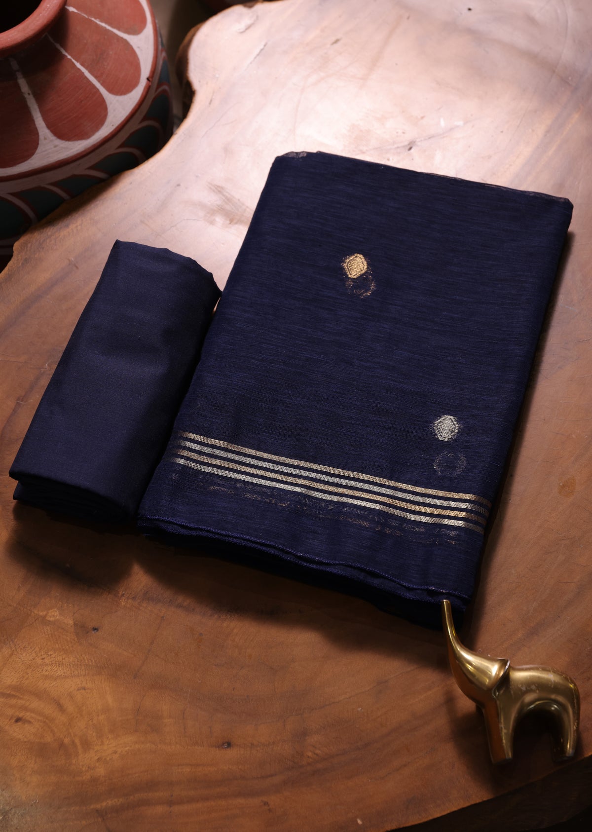 Golden Haze Navy Muga Silk Unstitched Suit Set